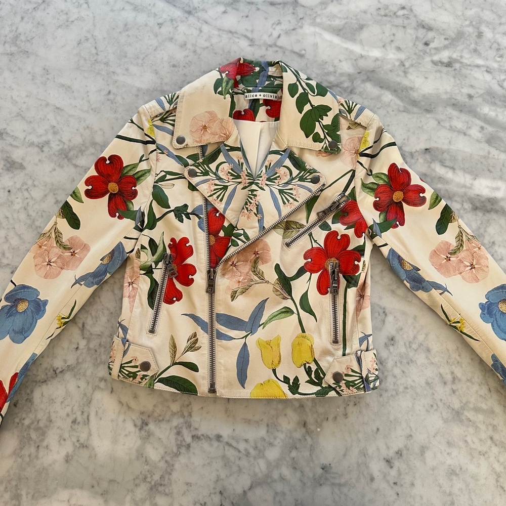 Alice + Olivia Red and Green Floral Biker Jacket - Picture 10 of 16